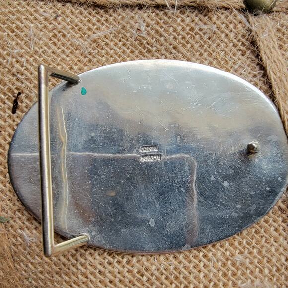 Vintage Alpaca Mexico Belt Buckle Blue Inlay Native Chief 3.5x2.5 - Picture 2 of 5